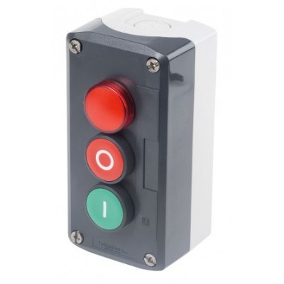 Schneider Electric XALD363B Spring Return Enclosed Push Button - SPST, SPST, Polycarbonate, Green, Red