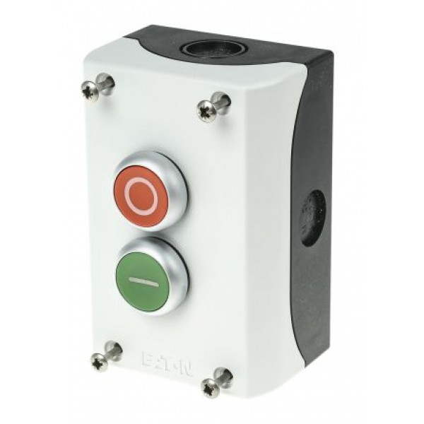 Eaton 216529 M22-I2-M1 Momentary Enclosed Push Button - 2NO/2NC, Plastic, 2 Cutouts, Red/Green