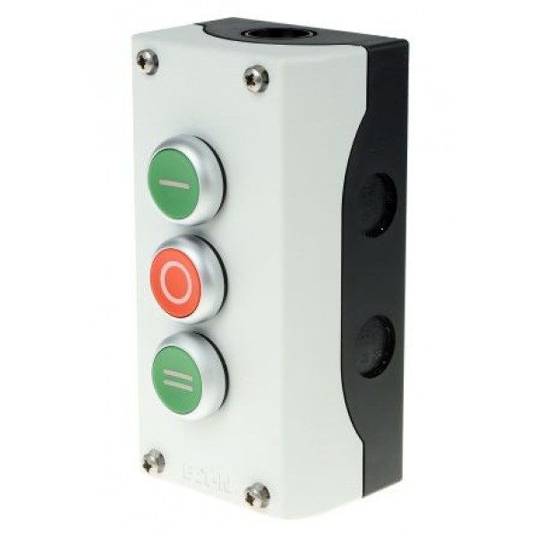 Eaton 216532 M22-I3-M1 Momentary Enclosed Push Button - 3NO/3NC, Plastic, 3 Cutouts, Green/Red/Green
