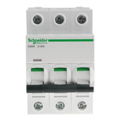 Schneider Electric A9F55320  Acti 9 iC60H MCB Mini Circuit Breaker 3P, 20 A, 10 KA, Curve D