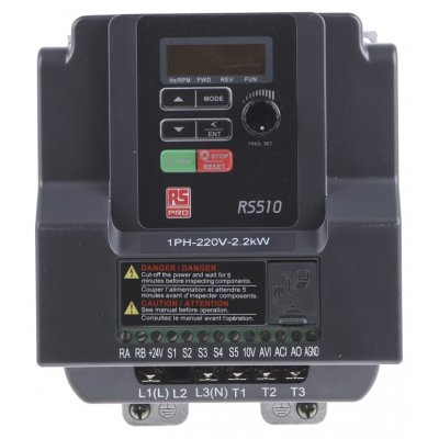 RS PRO 122-3414 RS PRO Inverter Drive, 1-Phase In, 0.01 → 599Hz Out 2.2 kW, 230 V ac with EMC Filter, 21 A RS510, IP20