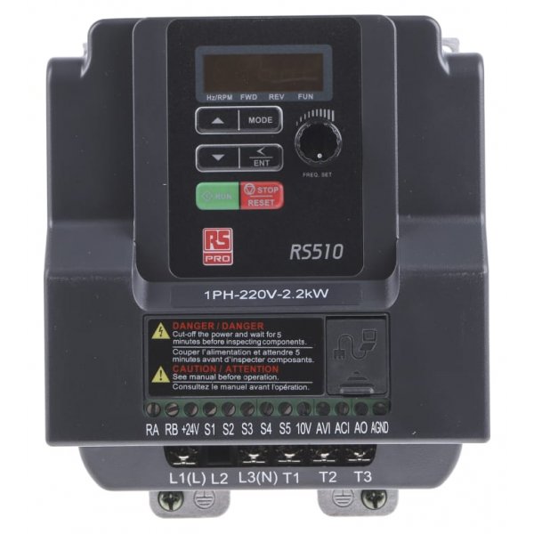 RS PRO 122-3414 Inverter Drive, 1-Phase In, 0.01 → 599Hz Out, 2.2 kW, 230 V ac, 21 A