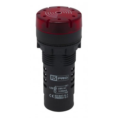 RS PRO 909-2569  Red LED Pilot Light Complete With Sounder 22mm