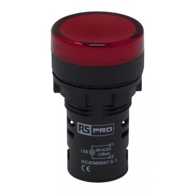 RS PRO 763-7909 Red LED Pilot Light, 22mm Cutout, IP65, 24 V ac/dc