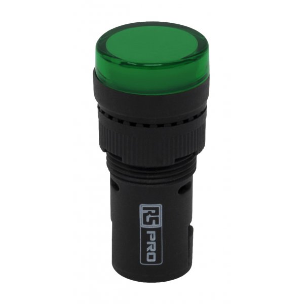 RS PRO 909-2446 Green LED Pilot Light, 16mm Cutout, IP40, Round, 230 V ac, 20 mA