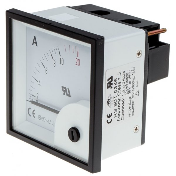 RS PRO 901-0346  Analogue Panel Ammeter 20A AC, 68mm x 68mm, ±1.5 % Moving Iron