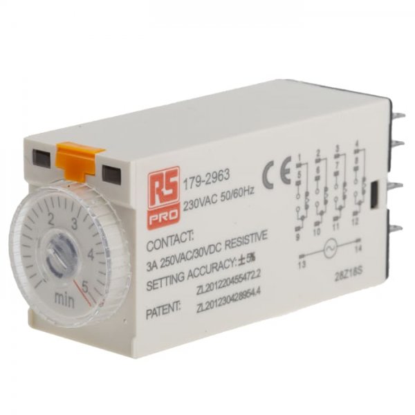 RS PRO 179-2963  ON-Delay 1 Time Delay Relay, 0.2 → 5 min, 4PDT, 4 Contacts, 4PDT, 230 V ac