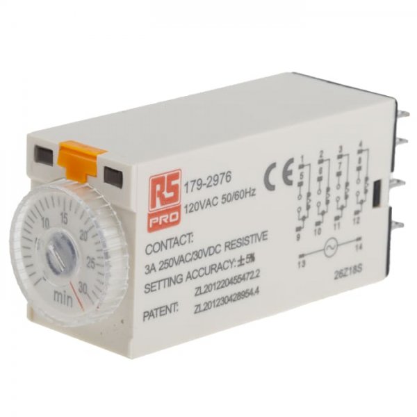 RS PRO 179-2976  ON-Delay 1 Time Delay Relay, 1 → 30 min, 4PDT, 4 Contacts, 4PDT, 110 V ac