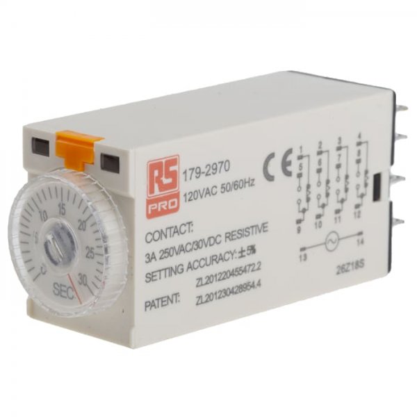 RS PRO 179-2970 ON-Delay 1 Time Delay Relay, 1 → 30 s, 4PDT, 4 Contacts, 4PDT, 110 V ac