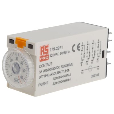 RS PRO 179-2971  ON-Delay 1 Time Delay Relay, 2 → 60 s, 4PDT, 4 Contacts, 4PDT, 110 V ac