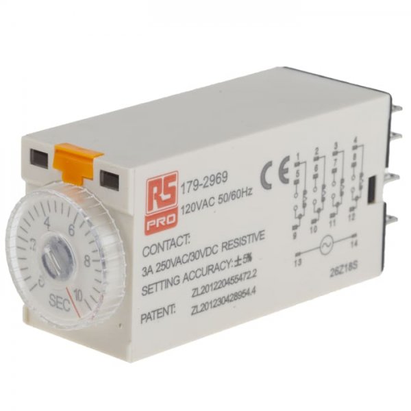 RS PRO 179-2969  ON-Delay 1 Time Delay Relay, 0.5 → 10 s, 4PDT, 4 Contacts, 4PDT, 110 V ac