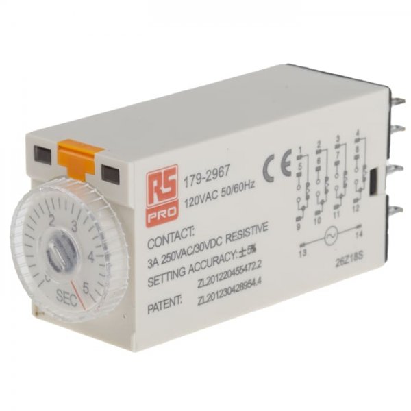 RS PRO 179-2967  ON-Delay 1 Time Delay Relay, 0.2 → 5 s, 4PDT, 4 Contacts, 4PDT, 110 V ac