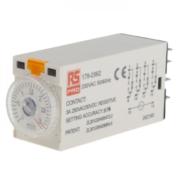 RS PRO 179-2962  ON-Delay 1 Time Delay Relay, 0.1 → 3 min, 4PDT, 4 Contacts, 4PDT, 230 V ac