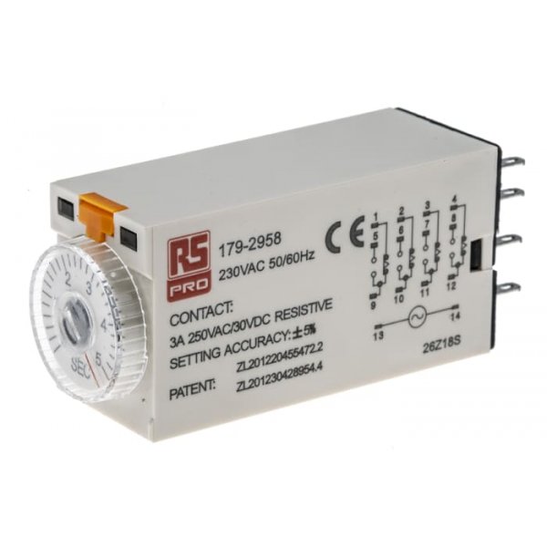 RS PRO 179-2958  ON-Delay 1 Time Delay Relay, 0.2 → 5 s, 4PDT, 4 Contacts, 4PDT, 230 V ac
