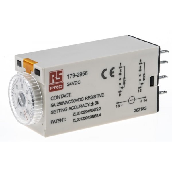 RS PRO 179-2956  ON-Delay 1 Time Delay Relay, 1 → 30 min, DPDT, 2 Contacts, DPDT, 24 V dc
