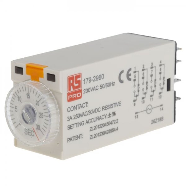 RS PRO 179-2960  ON-Delay 1 Time Delay Relay, 1 → 30 s, 4PDT, 4 Contacts, 4PDT, 230 V ac
