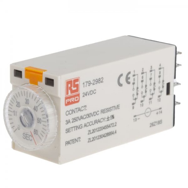 RS PRO 179-2982  ON-Delay 1 Time Delay Relay, 2 → 60 s, 4PDT, 4 Contacts, 4PDT, 24 V dc