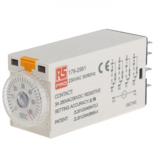 RS PRO 179-2961  ON-Delay 1 Time Delay Relay, 2 → 60 s, 4PDT, 4 Contacts, 4PDT, 230 V ac