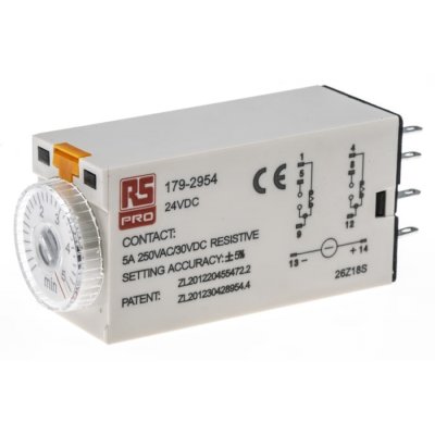 RS PRO 179-2954  ON-Delay 1 Time Delay Relay, 0.2 → 5 min, DPDT, 2 Contacts, DPDT, 24 V dc