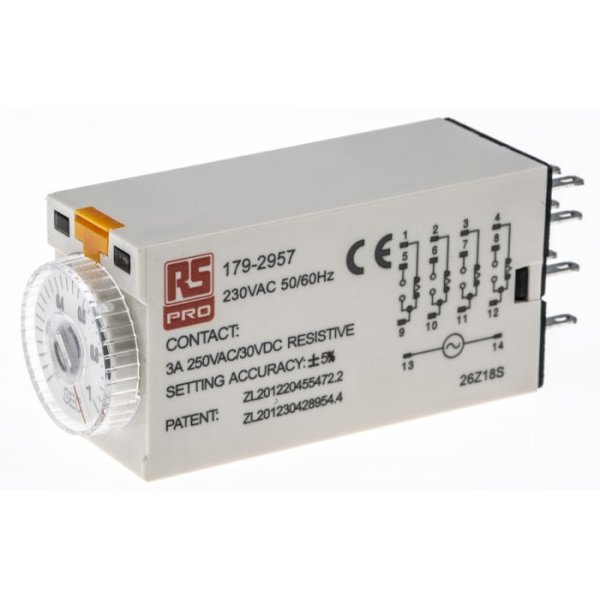 RS PRO 179-2957  ON-Delay 1 Time Delay Relay, 0.1 → 1 s, 4PDT, 4 Contacts, 4PDT, 230 V ac
