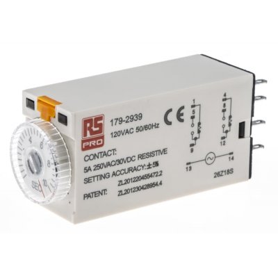 RS PRO 179-2939  ON-Delay 1 Time Delay Relay, 0.5 → 10 s, DPDT, 2 Contacts, DPDT, 110 V ac