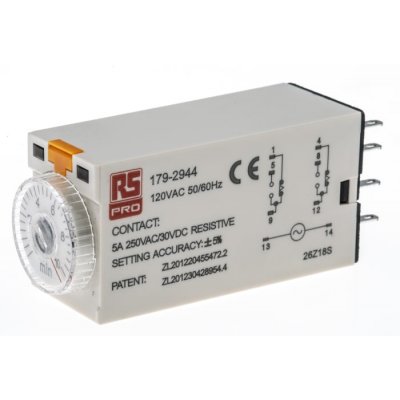RS PRO 179-2944  ON-Delay 1 Time Delay Relay, 0.5 → 10 min, DPDT, 2 Contacts, DPDT, 110 V ac