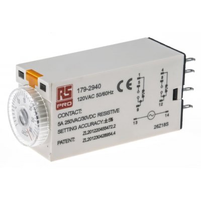 RS PRO 179-2940  ON-Delay 1 Time Delay Relay, 1 → 30 s, DPDT, 2 Contacts, DPDT, 110 V ac