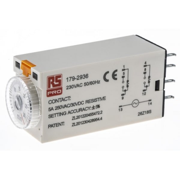 RS PRO 179-2936  ON-Delay 1 Time Delay Relay, 1 → 30 min, DPDT, 2 Contacts, DPDT, 230 V ac