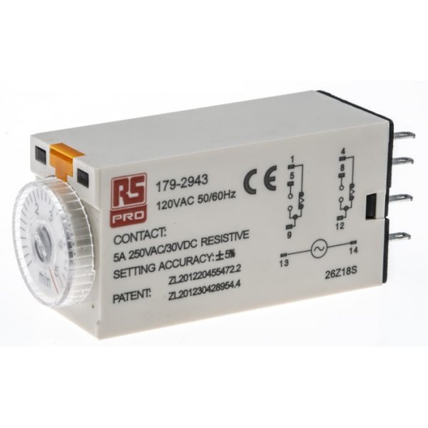 RS PRO 179-2943  ON-Delay 1 Time Delay Relay, 0.2 → 5 min, DPDT, 2 Contacts, DPDT, 110 V ac