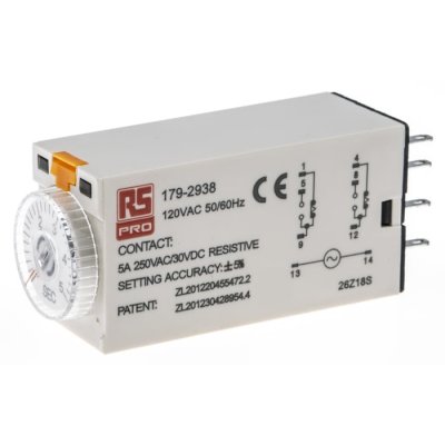 RS PRO 179-2938  ON-Delay 1 Time Delay Relay, 0.2 → 5 s, DPDT, 2 Contacts, DPDT, 110 V ac