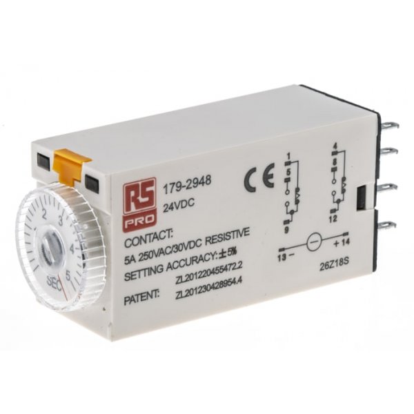 RS PRO 179-2948  ON-Delay 1 Time Delay Relay, 0.2 → 5 s, DPDT, 2 Contacts, DPDT, 24 V dc