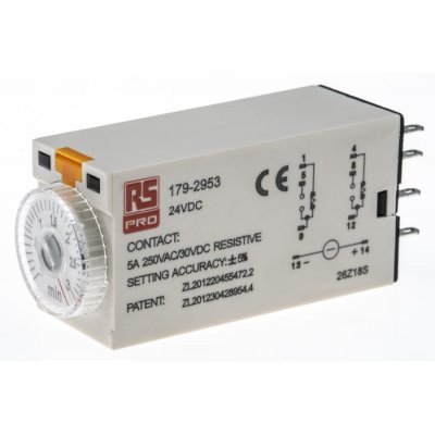 RS PRO 179-2953  ON-Delay 1 Time Delay Relay, 0.1 → 3 min, DPDT, 2 Contacts, DPDT, 24 V dc