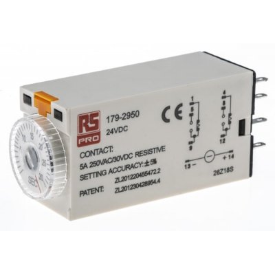 RS PRO 179-2950  ON-Delay 1 Time Delay Relay, 1 → 30 s, DPDT, 2 Contacts, DPDT, 24 V dc