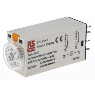RS PRO 179-2941 ON-Delay 1 Time Delay Relay, 2 → 60 s, DPDT, 2 Contacts, DPDT, 110 V ac