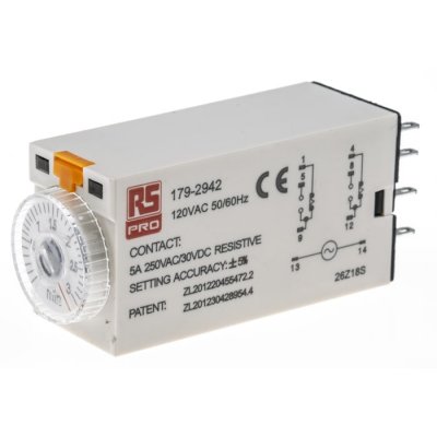 RS PRO 179-2942  ON-Delay 1 Time Delay Relay, 0.1 → 3 min, DPDT, 2 Contacts, DPDT, 110 V ac