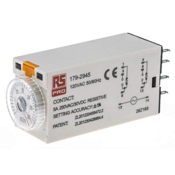 RS PRO 179-2945 ON-Delay 1 Time Delay Relay, 1 → 30 min, DPDT, 2 Contacts, DPDT, 110 V ac