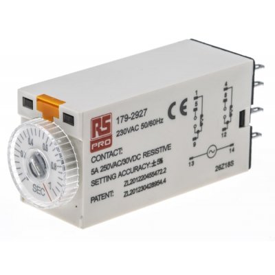 RS PRO 179-2927  ON-Delay 1 Time Delay Relay, 0.1 → 1 s, DPDT, 2 Contacts, DPDT, 230 V ac