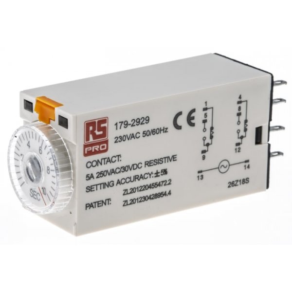 RS PRO 179-2929  ON-Delay 1 Time Delay Relay, 0.5 → 10 s, DPDT, 2 Contacts, DPDT, 230 V ac