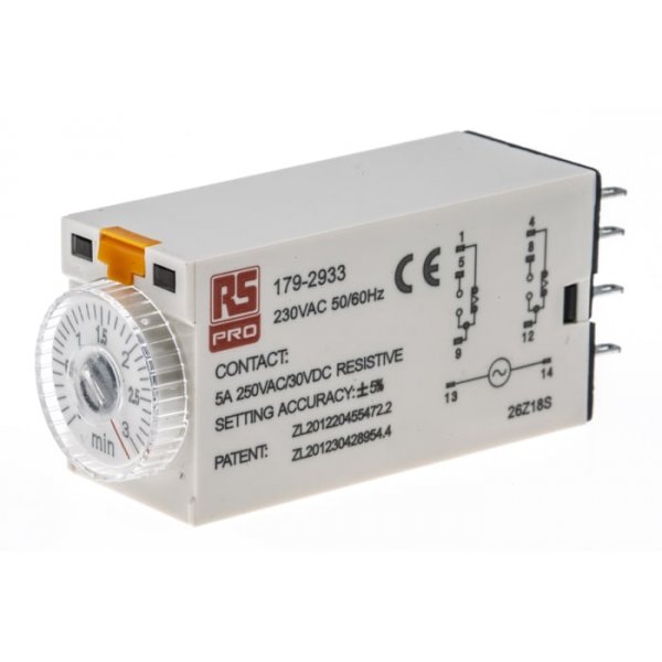 RS PRO 179-2933  ON-Delay 1 Time Delay Relay, 0.1 → 3 min, DPDT, 2 Contacts, DPDT, 230 V ac