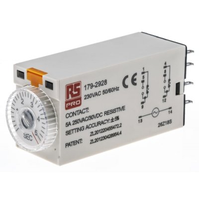 RS PRO 179-2928  ON-Delay 1 Time Delay Relay, 0.2 → 5 s, DPDT, 2 Contacts, DPDT, 230 V ac