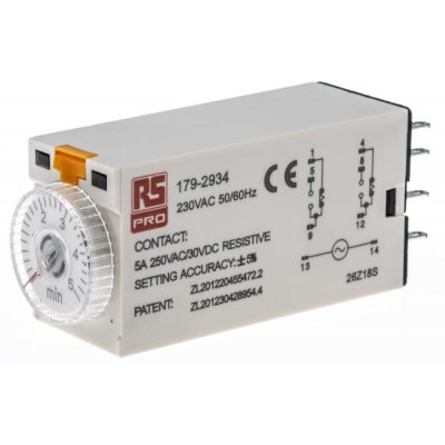 RS PRO 179-2934  ON-Delay 1 Time Delay Relay, 0.2 → 5 min, DPDT, 2 Contacts, DPDT, 230 V ac