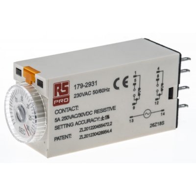 RS PRO 179-2931  ON-Delay 1 Time Delay Relay, 1 → 30 s, DPDT, 2 Contacts, DPDT, 230 V ac
