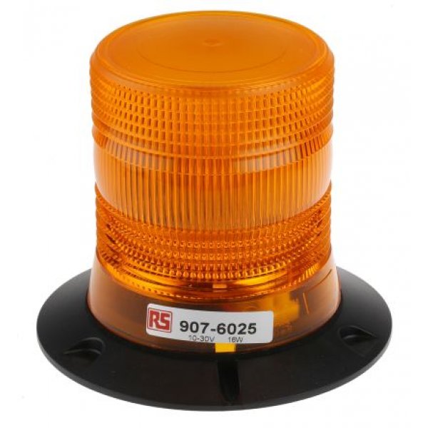 RS PRO 907-6025 Amber Flashing Beacon, 10 → 100 V dc, Surface Mount, Wall Mount, LED Bulb, IP56