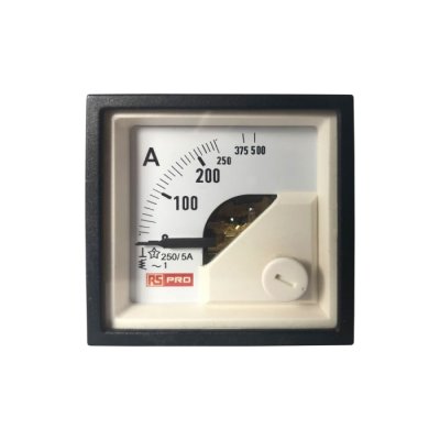 RS PRO 186-2421 Analogue Panel Ammeter 10 (Input) A, 250/5 (CT) A, 500 (Scle) A AC