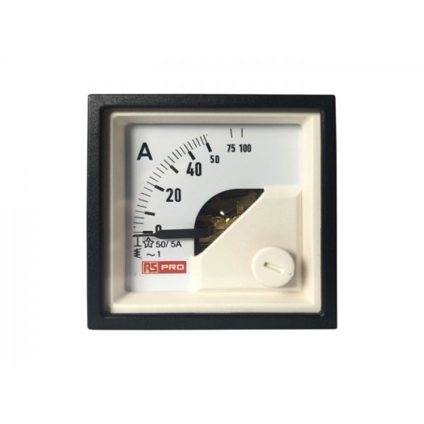 RS PRO 186-2419 Analogue Panel Ammeter 10 (Input) A, 100 (Scle) A, 50/5 (CT) A AC, 48mm x 48mm