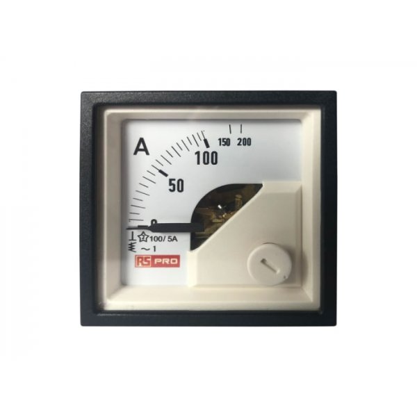 RS PRO 186-2420 Analogue Panel Ammeter 10 (Input) A, 100/5 (CT) A, 200 (Scle) A AC