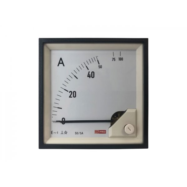 RS PRO 186-2463 Analogue Panel Ammeter 10 (Input) A, 100 (Scle) A, 50/5 (CT) A AC