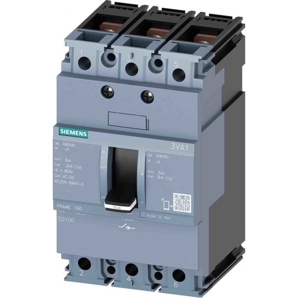 Siemens 3VA1110-1AA32-0AA0  3 Pole Non-Fused Switch Disconnector - 100A Maximum Current, 38W Power Rating, IP40