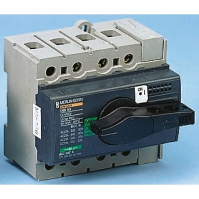 Merlin Gerin 28902 3 Pole DIN Rail Non Fused Isolator Switch - 63 A Maximum Current, 30 kW Power Rating, IP40
