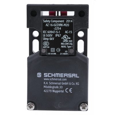 Schmersal AZ16-02ZVRK-M20-2254 Safety Interlock Switch, 2NC, Key, Fibreglass